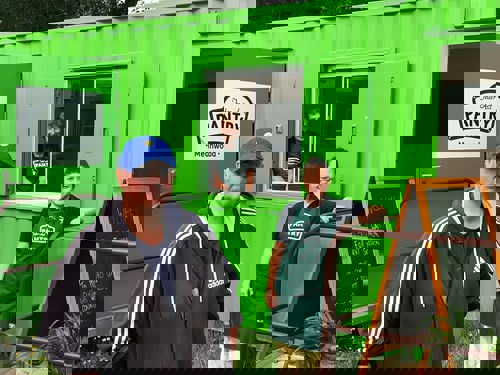 3 volunteers outside the green meanwood pantry shed