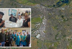 Reading area map overlayed with images of volunteers from your local pantry