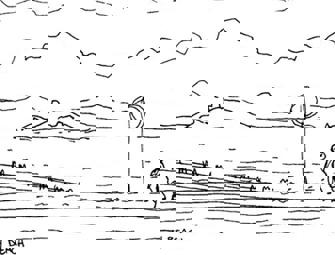 black and white drawing of porty beach side
