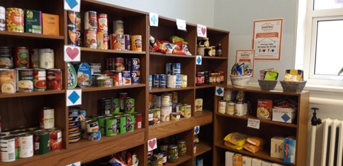 Shelves stacked with canned and packet food