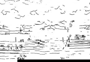black and white drawing of porty beach side