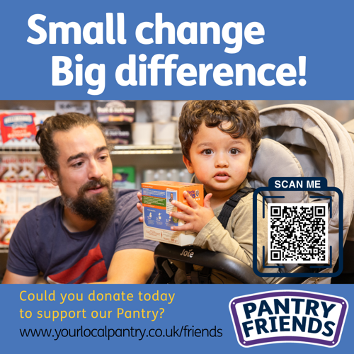 A dad and son visit the pantry, with a 'Small change, big difference' sign above them